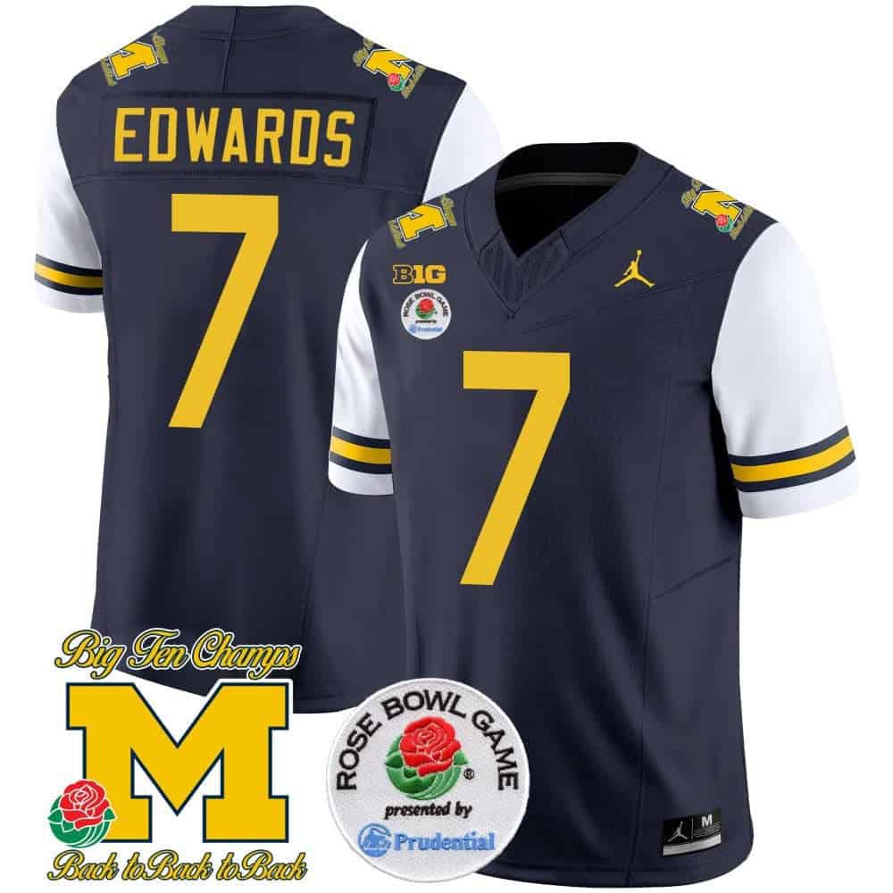 Men Michigan Wolverines #7 Edwards Drak Blue 2024 Rose Bowl Patch Vapor Limited NCAA Jersey style 1